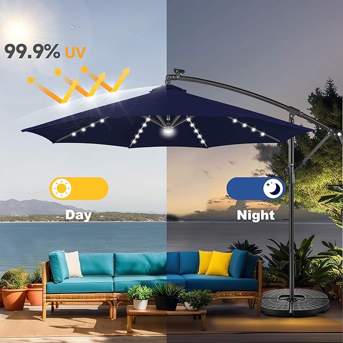 FLAME&SHADE 10ft Solar Cantilever Umbrella with 40 LED Lights, Lighted Large Offset Outdoor Patio Umbrellas, 8 Sturdy Ribs, UPF50+ UV Protection for Pool Deck Garden Yard, Navy Blue