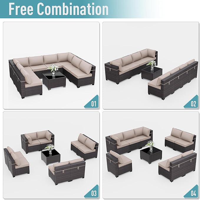 ALAULM 9 Pieces Patio Furniture Set Wicker Patio Conversation Set, Outdoor Sectional Furniture w/Coffee Table & Washable Seat Cushions-Sand