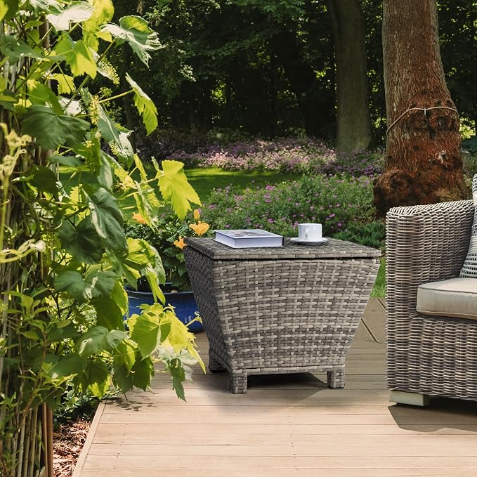 Outdoor PE Wicker Side Table with Storage – 13 Gallon Patio Storage Bin, All-Weather Rattan Coffee Table for Garden, Balcony, Poolside – Holds Hose, Cushions, Towels (Grey)