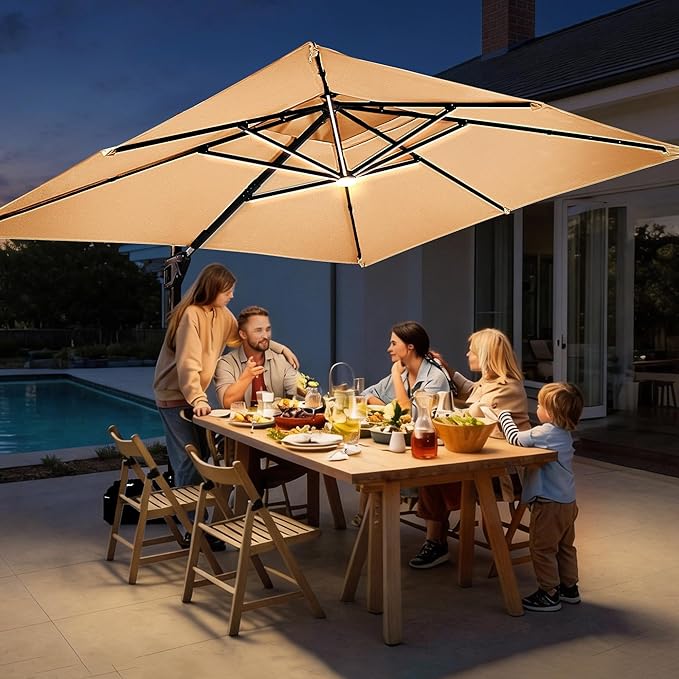 JZAC & QZYD 10X13 FT Outdoor Cantilever Patio Umbrella with LED Lights, Large Heavy Duty 2-Tier Aluminum Offset Umbrellas with 360-Degree Rotation for Pool Deck, Beige