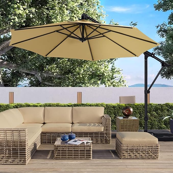 ABCCANOPY 10FT Cantilever Patio Umbrella with Base Stand, UV Protection Offset Hanging Outdoor Umbrella, 360° Rotation & Tilt Adjustment,Suitable for Pool, Deck, Garden, Backyard(Khaki)