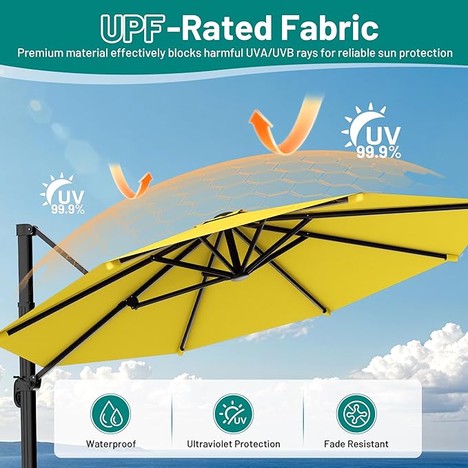 AreShark 11FT Round Cantilever Patio Umbrella with Base Included, 360° Rotation Offset Outdoor Umbrella, 5 Tilt Settings Heavy Duty Hanging Parasol for Deck Garden Pool, Yellow