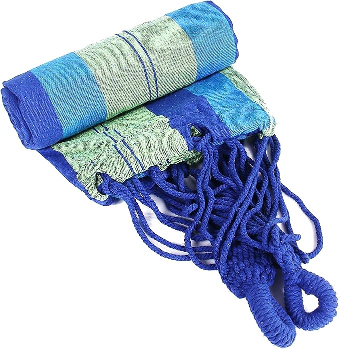 CJ Ultra Double Brazilian Hammock - XL Wide Two Person Soft Woven Cotton Fabric - Long Hamaca Swing Bed for Backyard Patio or Porch - Outdoor or Indoor - Includes 2 Hanging Tree Ropes (Blue Striped)