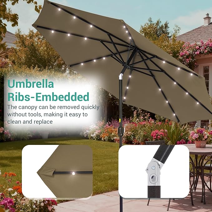 9ft Patio Umbrella Outdoor with Solar Lights,32 LED Lighted Table Market Umbrella with Tilt and Crank, 2-Year-Non-Fading, 8 Sturdy Ribs,for Pool, Deck, Garden,Backyard
