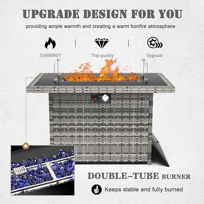 15 Pieces Patio Furniture Set with 44" Propane Gas Fire Pit Table, Outdoor Sectional Wicker Conversation Sofa Sets with Coffee Table