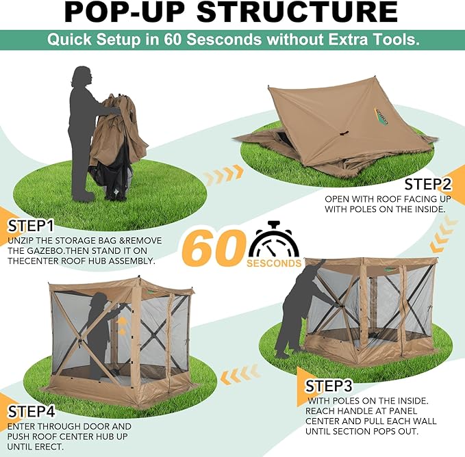 COBIZI 6x6 FT Pop up Gazebo, Popup Canopy Tent, Screened in Gazebos, Waterproof Portable Outdoor Small Screen Tents Sun Shelter,carpas para Patio for Camping, Garden and Backyard,Khaki