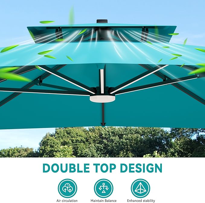 10x13 FT Cantilever Patio Umbrella with Base and Led Lights Double Top Outdoor Rectangular Large Heavy Duty Aluminum Offset Umbrellas with 7 Level Tilt 360-degree Rotation for Pool Garden Deck, Turquoise