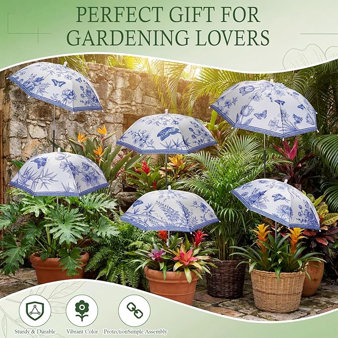 Hillban 6 Pack Plant Shade Umbrellas for Outdoor Plants 23.6" Large Garden Umbrella Shade for Potted Flower with Adjustable 40" H Sunshade Cover for Patio Garden Bed Flowers(Blue and White Porcelain)
