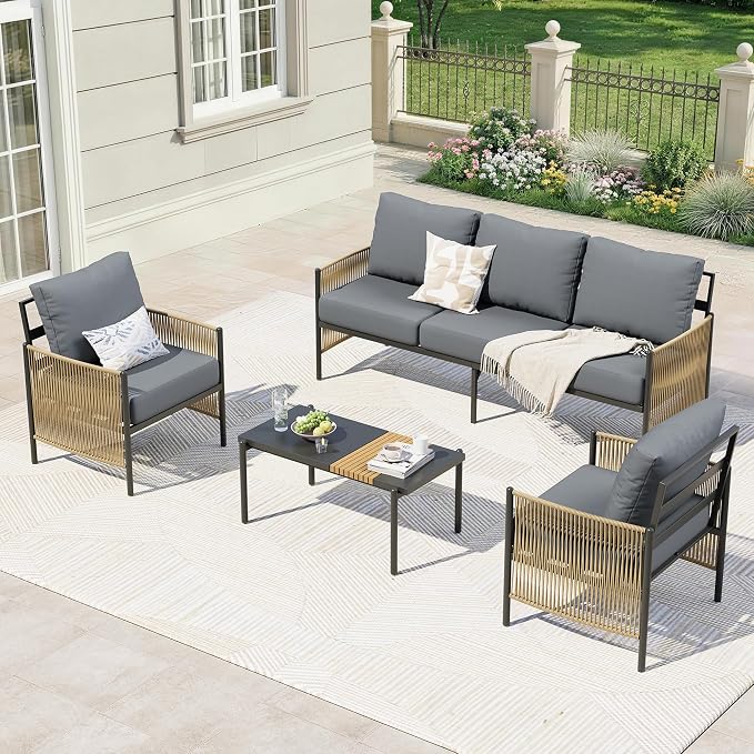 Aluminum Outdoor Patio Furniture Set, 5 Seats Outdoor Sectional with Coffee Table, Patio Conversation Sets with Washable Thick Cushions and Waterproof Cover for Backyard/Garden /Poolside, Gray