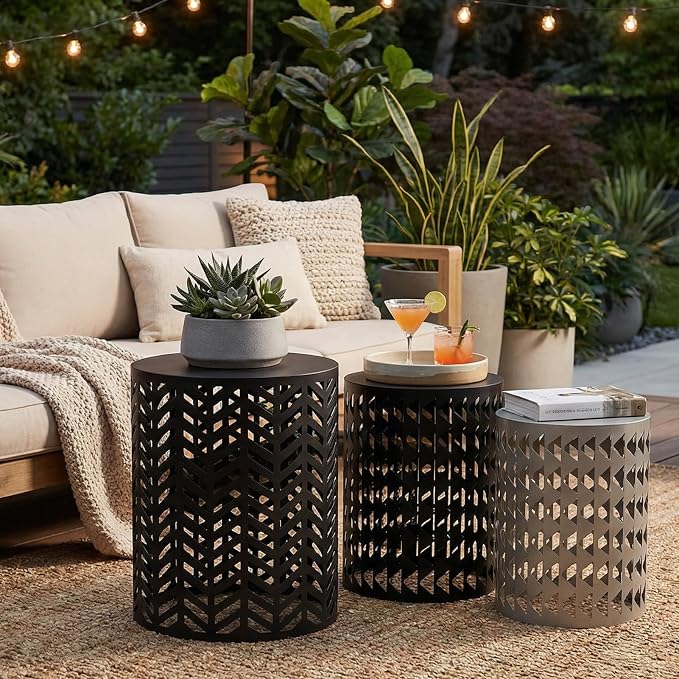 ITEFDTUTNE Outdoor Side Table Set of 3,Metal Outdoor End Tables for Patio Small Round Accent Table for Poolside Backyard Balcony Gazebo Indoor