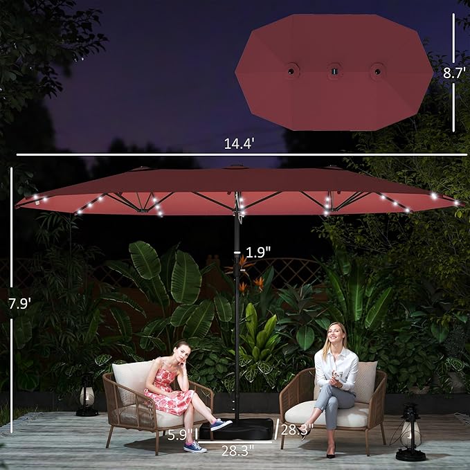 Outsunny 14.4ft Large Patio Umbrella with 36 Solar LED Lights, Double Sided Outdoor Umbrella with Base Included