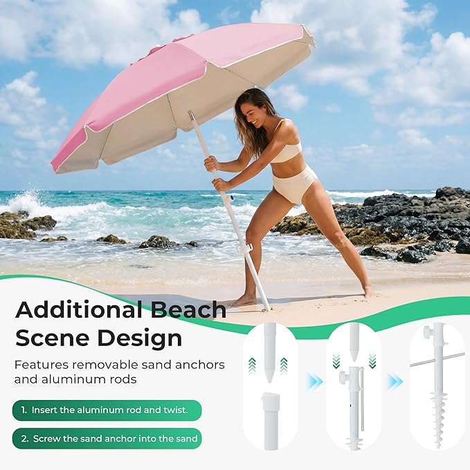 JEAREY 6.5ft Sun Shade Umbrellas, Portable Umbrella with Stand, Lightweight Sun Protection Free Standing Sport Umbrella for Outdoor Sports, Camping, Fishing, Patio, Beach, Sakura Pink