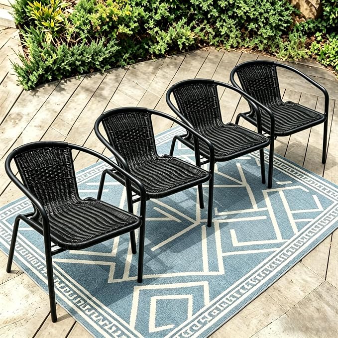 8 Stackable Wicker Patio Chairs, Weather-Resistant Outdoor Seating, Ideal for Balcony Porch Lawn & Small Patio Furniture Set Decor, Black