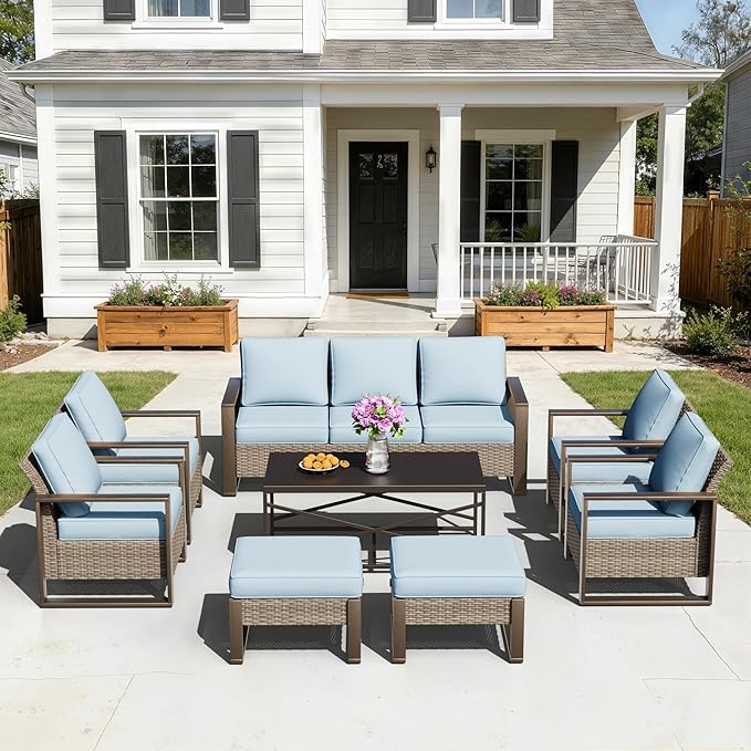 8 Pieces Metal Wicker Patio Furniture Set - 75" Sofa, Four Armchairs and Two Ottomans, One Coffee Table All Weather Rattan Outdoor Conversation Furniture with Washable Cushion for Deck, Baby Blue