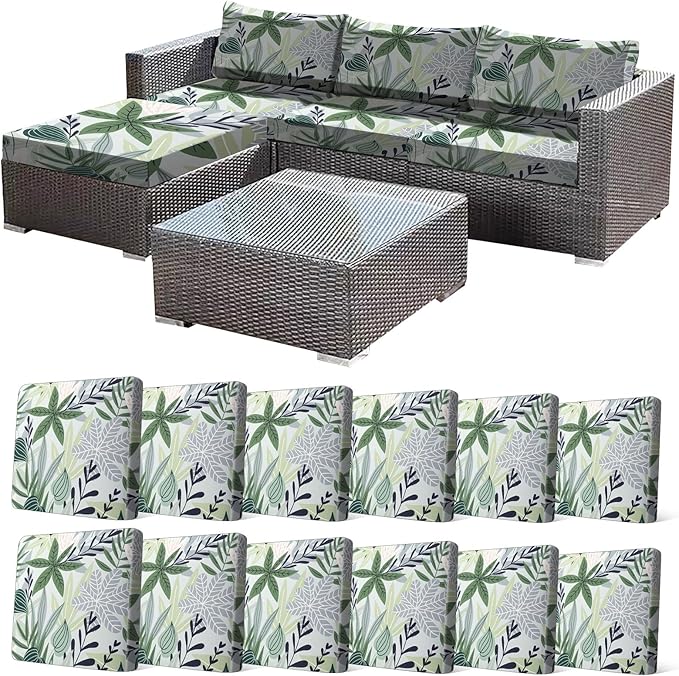 CALBODE 12 Pcs Stretch Outdoor Seat Cushion Covers, Washable Chair Seat Cover for Patio Furniture Cushions Soft Indoor and Outdoor Couch Cover Replacement (Green Leaves, Cover Only)