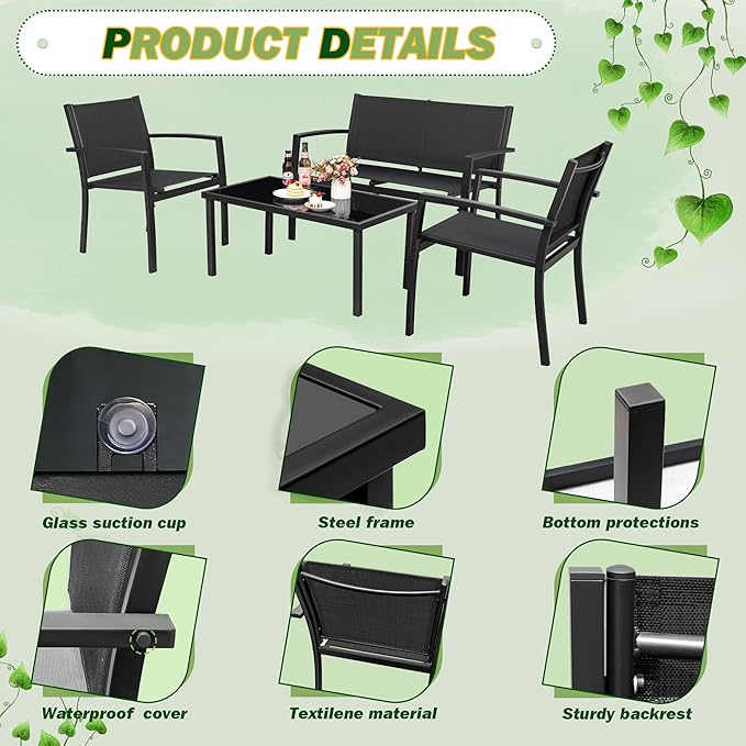 Tuoze 4 Pieces Patio Furniture Set Outdoor Conversation Set with Glass Coffee Table Bistro Set with Loveseat Garden Yard Lawn and Balcony (Black)