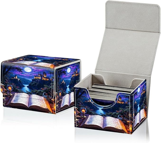 Card Deck Box for MTG, Cards Storage Box Fits 120+ Sleeved, Leather Small Size Strong Magnetic Closing Card Case for Board Games Magic TCG CCG Baseball Collection, Castle Book Purple