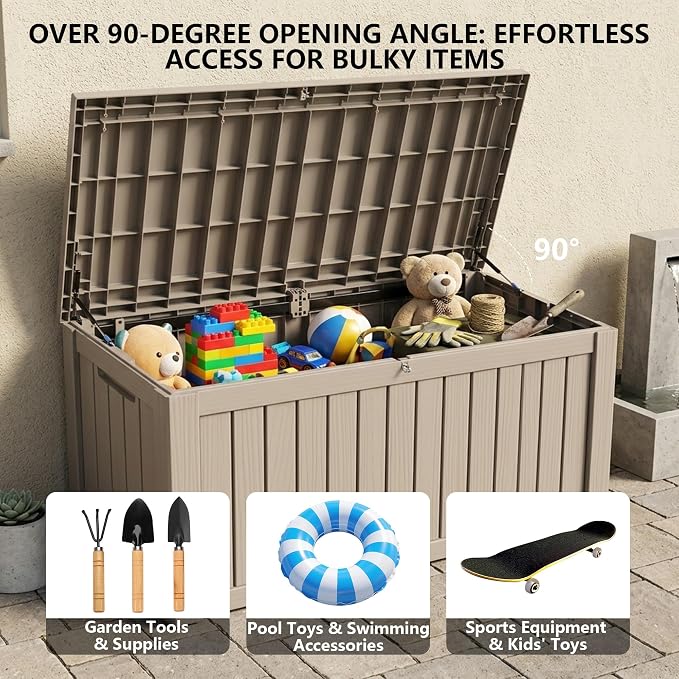 Outdoor Storage Box, 150 Gallon Waterproof Deck Box [Upgraded 3.0], Piston-Assisted Resin Trunk for Sectional Sofa Cushions, High-Capacity Lockable Double Storage Bench, Patio Lounge, Grey