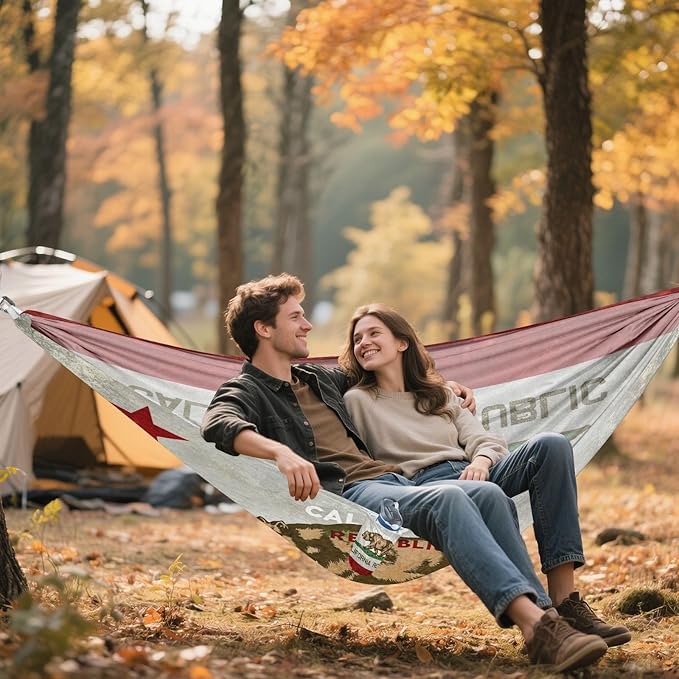 California Flag Camping Hammock, Portable Lightweight Single Hammock with Tree Straps and Aluminum Carabiners, 114" x 54" Travel Hammock for Hiking Backpacking Beach