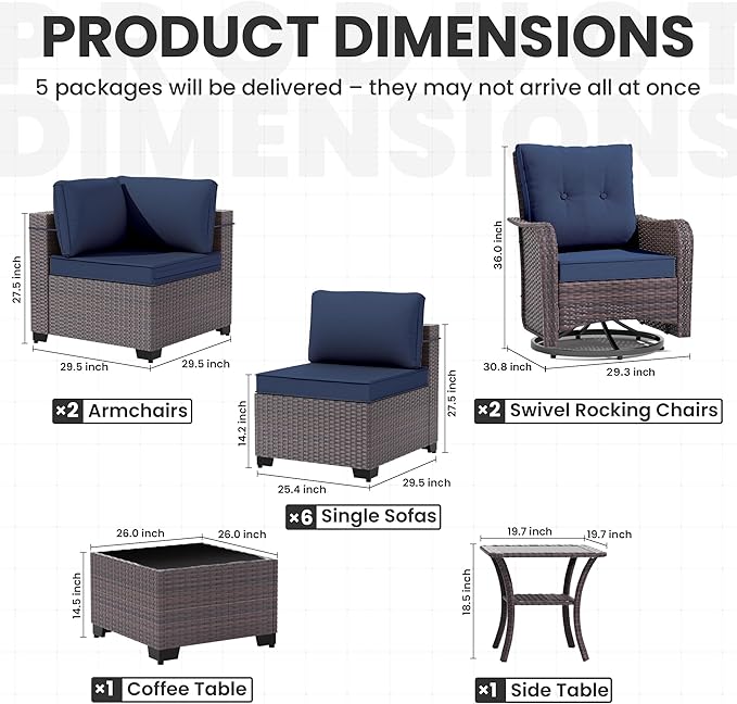 12 Pieces Outdoor Patio Furniture Set,Outdoor Sectional Furniture All Weather PE Rattan Wicker Patio Conversation Set with Coffee Table,Swivel Rocking Chairs Set,Navy Blue