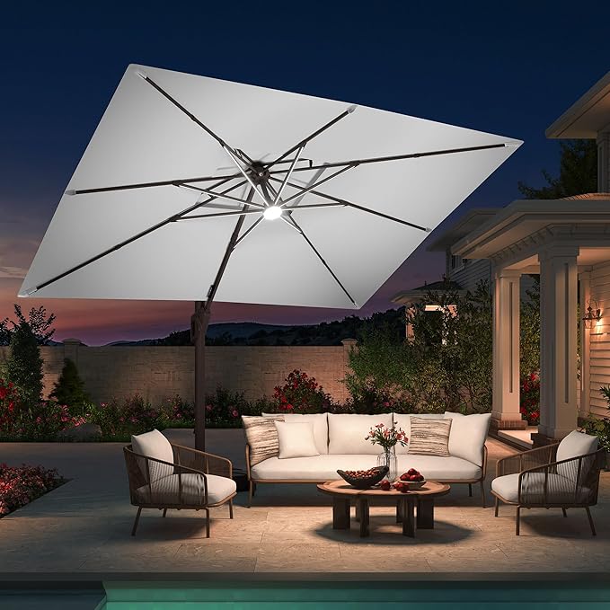 10 X 13 FT Cantilever Patio Umbrella with Base Included & Led Lights Outdoor Rectangle Offset Large Double Top Heavy Duty Umbrellas 360°Rotation for Pool Deck Backyard,Fog Gray