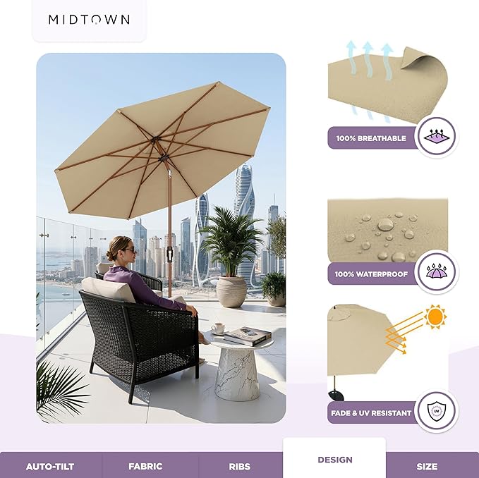 Midtown Umbrellas Wooden 2-8 Ft Patio Umbrella with 360° Swivel & Tilt Mechanism, 8 Fiberglass Ribs & Sunbrella Fabric - Outdoor Umbrella for Deck, Pool & Garden - Burgundy Canopy, Wooden Pole