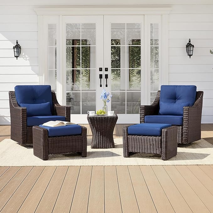 CHITA 5 Pieces Swivel Wicker Patio Furniture Set, Outdoor Conversation Set with 2 Pieces Rattan Rocking Swivel Chairs, 2 Pieces Ottomans, Thickened Cushions and Side Table