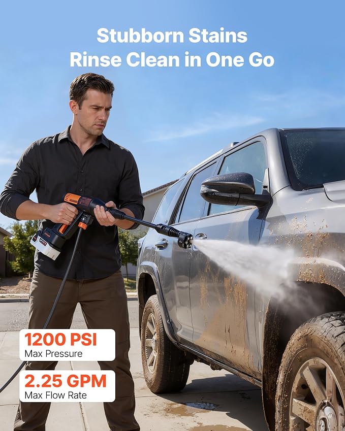 VEVOR Cordless Pressure Washer, 1200PSI MAX Portable Pressure Washer with Brushless Motor, 6-in-1 Nozzle & Water Hose, 4 Speed Adjustable, Battery Powered Handheld Power Cleaner for Home Garden Patio