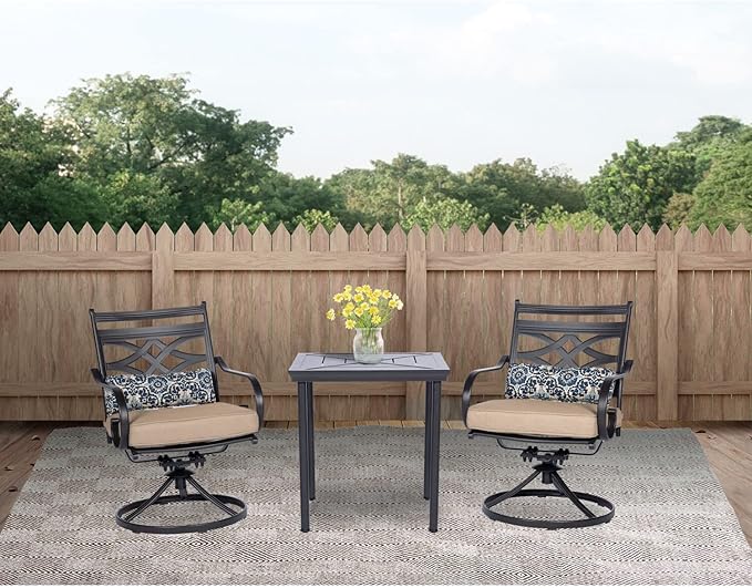 Hanover Montclair 3-Piece Patio Conversation Set, 2 Swivel Rocker Chairs with Comfortable Seat and Lumbar Cushions, 27" Square Stamped Rectangle Table, All-Weather Outdoor Bistro Set