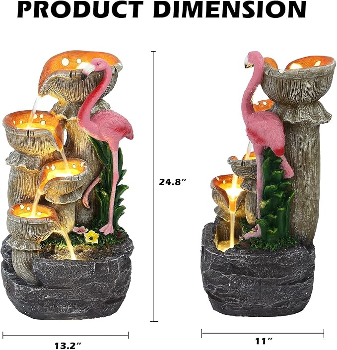 5 Tier Outdoor Indoor Water Feature Fountain, Flamingo Ornamental Cascading Waterfall with 5 LED Lights for Garden, Deck, Backyard, Patio