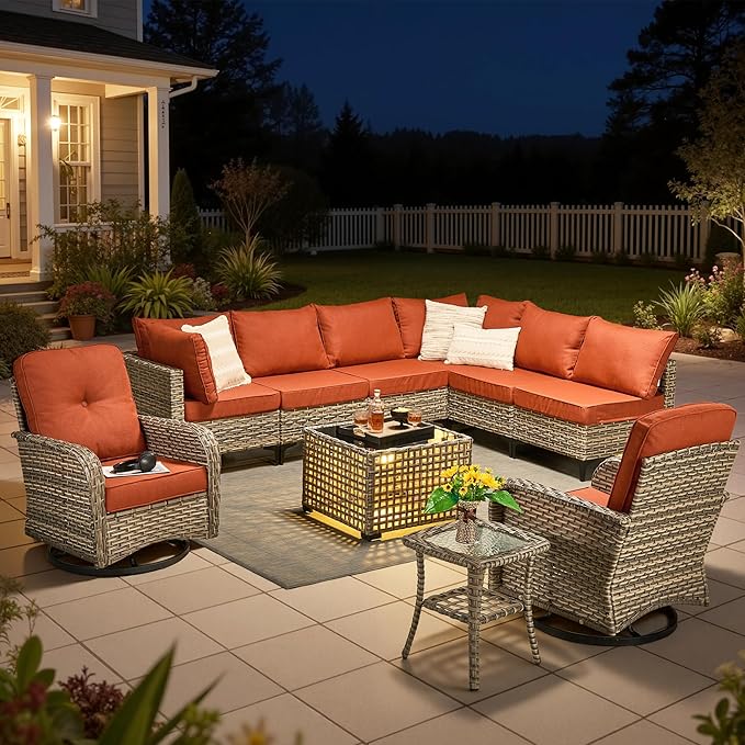 10 Pieces Outdoor Sectional Patio Furniture Set with Swivel Rocking Chairs,Wicker Conversation Sets Rattan L Shaped Couch,Modular Outdoor Sofa for Porch Balcony Backyard Orange