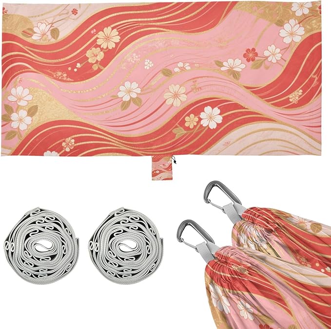 Red and Gold Retro Japanese Cherry Blossoms 330lb Capacity Outdoor Hammocks with Tree Straps Cloth Hammock for Patio Backyard Lounge Base accesorios para Camping