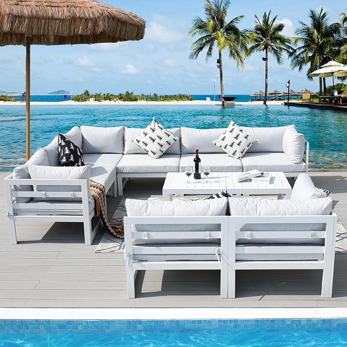 RADIATA 8 Seat Oversized Modern Aluminum Patio Furniture Set, Weather Resistant Modular Sectional Sofa with Coffee Table, 500 lbs Heavy Duty Comfortable Outdoor Couch for Exterior Backyard Deck, White