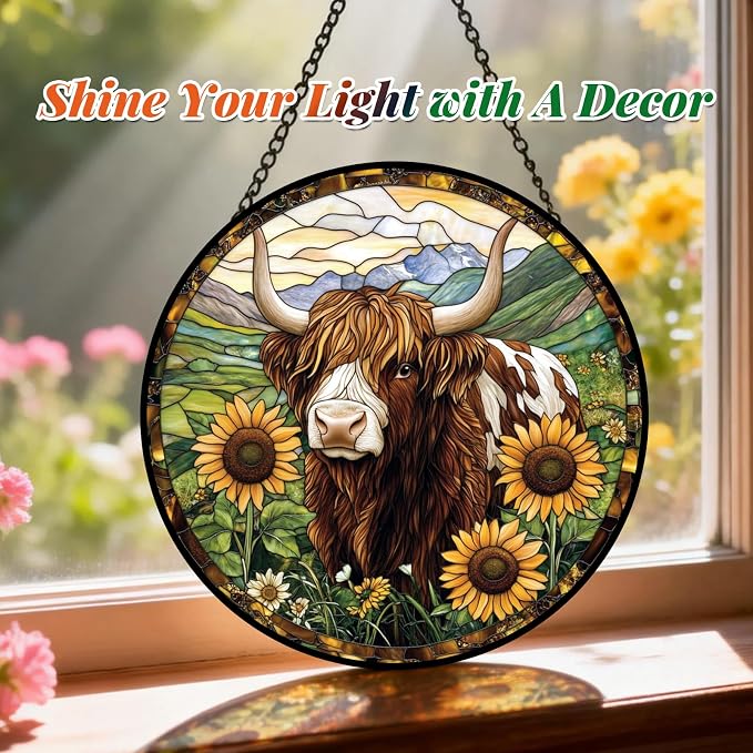Highland Cow Stained Glass Suncatcher Window Hanging Gifts for Women Men | 9.8in Garden Sun Catcher, Cow Sunflowers Ornament for Windows Door Home, Mother's Day Birthday Gifts for Animal Lovers