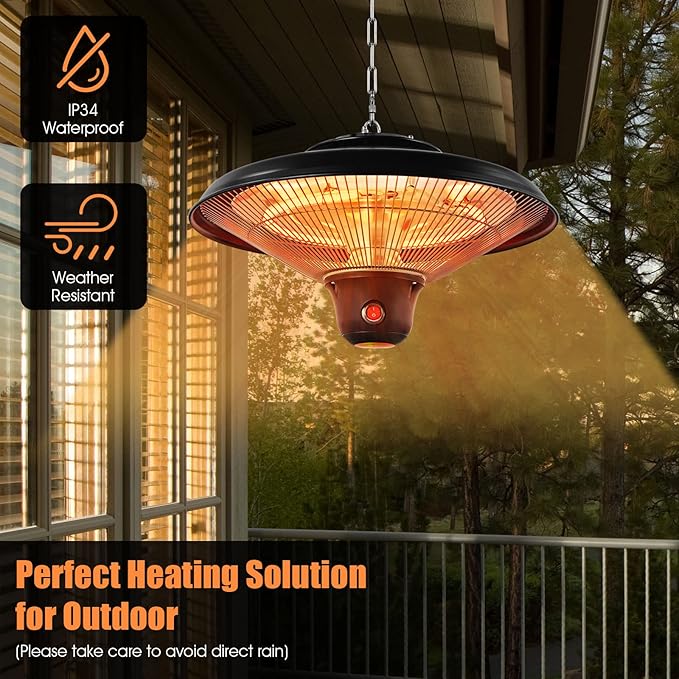 COSTWAY Hanging Patio Heater, 1500W Electric Ceiling Infrared Heater with Remote Control, 3 Heat Settings, Indoor Outdoor Heater for Large Room, Backyard, Balcony (Black)
