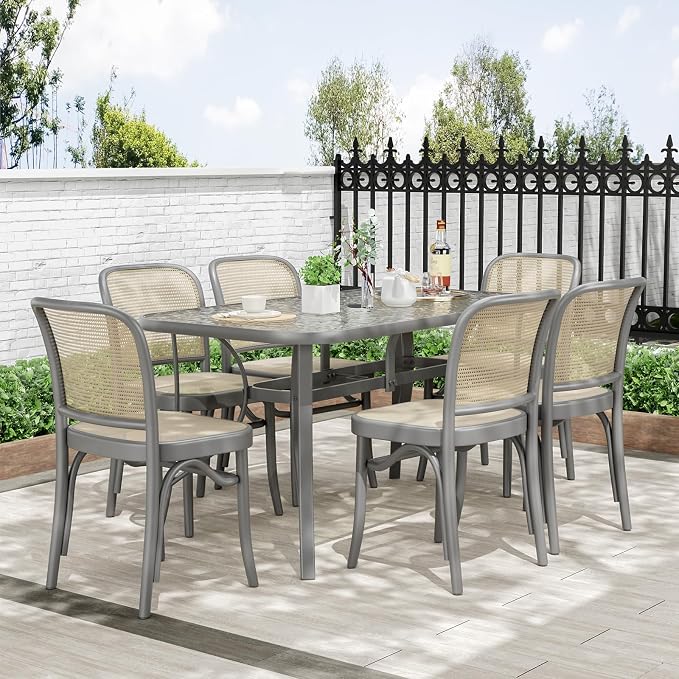TLSUNNY Patio Outdoor Table W/ 1.69″ Umbrella Hole, 30"X 55" Rectangular Tempered Glass Patio Dining Table for 6, Outdoor Metal Furniture, All-Weather Use, for Patio, Graden, Backyard (Grey)