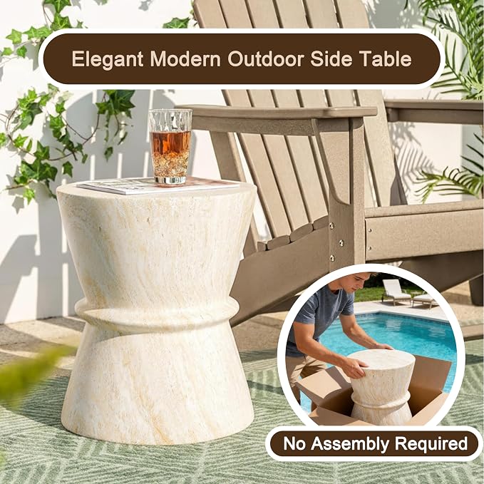 Outdoor Concrete Side Table, Contemporary Hourglass Accent Table with Faux Stone Coffee Tables for Indoor Outdoor, Garden End Table for Porch, Backyard Patio Living Room - 15.55" Beige Yellow MgO