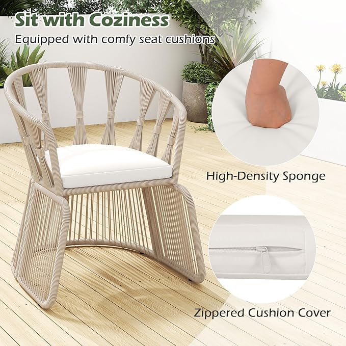 Tangkula 3 Piece Patio Leisure Chair Set, Outdoor Rope-Woven Cushioned Armchairs & Table Set with Tempered Glass Tabletop, for Balcony, Porch, Backyard (Off White)