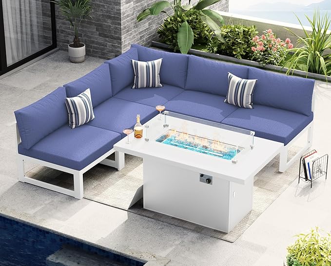 NICESOUL® 6 Piece Modern Large Aluminum Outdoor Patio Sectional Set with Firepits Propane/Natural Gas, All Weather 29'' Deep Wide Modular Conversation Sets, 500lbs Heavy Duty Sectionals, Denim Blue