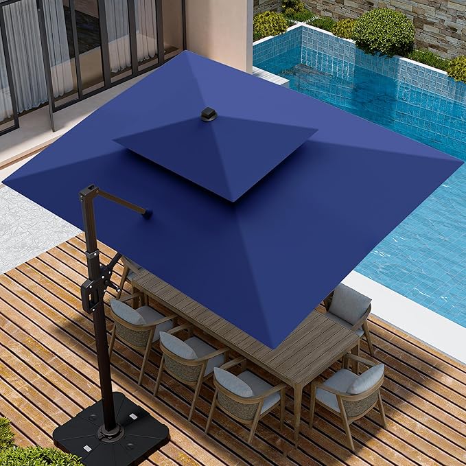 9' X 12' Cantilever Patio Umbrella with Led Lights Double Top Rectangular Outdoor Large Offset Umbrellas with 7 Tilts Adjustable 360°Rotation for Deck Pool Garden Backyard, Navy