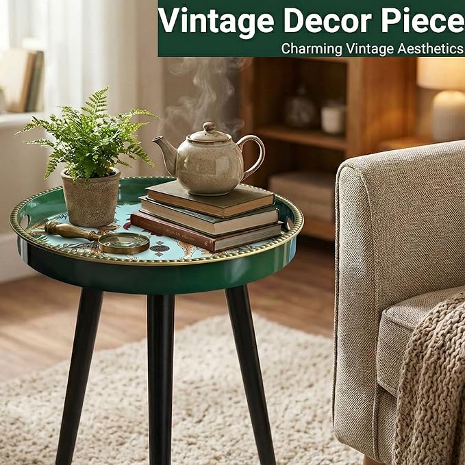 Small Round Side Table - 13 Inch Emerald Green Boho End Table with Vintage Cheetah Pattern Tray - Unique Tropical Accent Table with Moisture-Resistant Wrapped Legs for Living Room & Bedroom