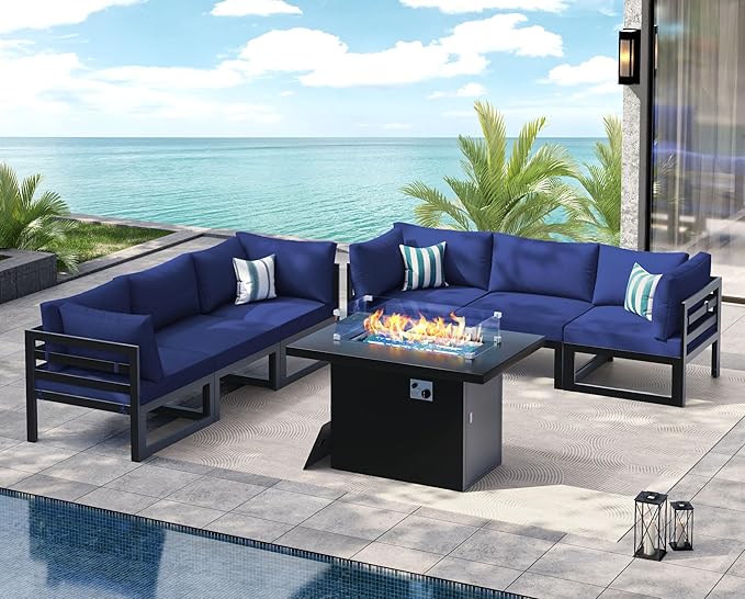 NICESOUL 7 Pcs Large Modern Aluminum Outdoor Patio Furniture Set with Fire Pit Table Propane/Gas, 29" Wide Deep Seat, Fade Resistant Sectional Sofa, 500 lbs Sturdy Backyard Conversation Set, Navy Blue