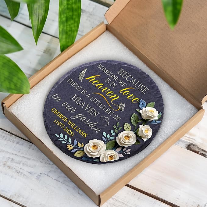 Personalized Memorial Garden Stone, Because Someone We Love is in Heaven Natural Stone, Gardenias Headstone Gift for Loss of Loved One, Bereavement Keepsake Grieving Grave Marker Mom Dad Nana Grandpa