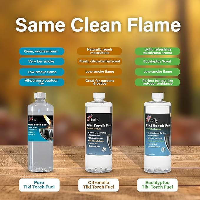 Firefly Fuel Tiki Torch Fuel – Clean-Burning Outdoor Lamp Oil for Tiki Torches and Lanterns. Low Smoke, Pure, Odorless Formula, Long-Lasting – Outdoor Patio & Garden Use - 32oz