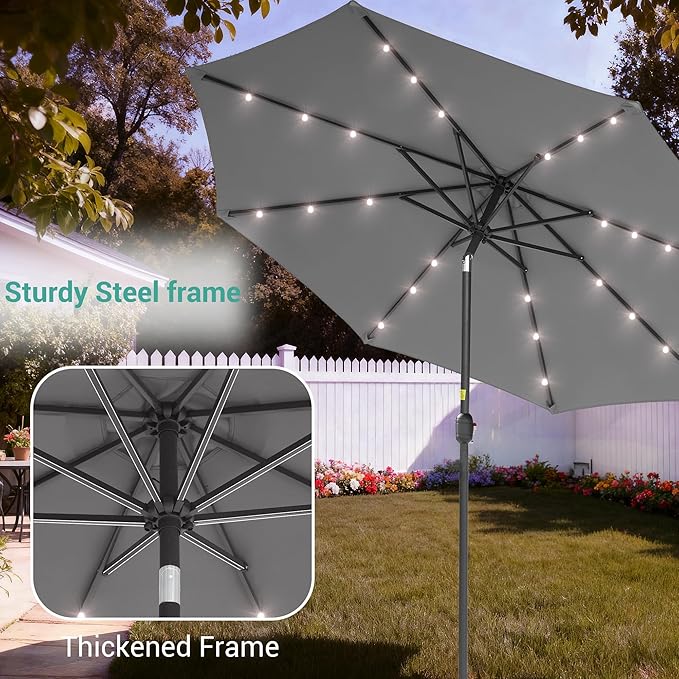 9ft Patio Umbrella Outdoor with Solar Lights,32 LED Lighted Table Market Umbrella with Tilt and Crank, 2-Year-Non-Fading, 8 Sturdy Ribs,for Pool, Deck, Garden,Backyard