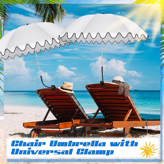 Abbylike 2 Pcs Scalloped Chair Umbrella with Universal Adjustable Clamp 38'' Portable Wheelchair Umbrella UPF 50+ Camping Chair Parasol with Bag for Outdoor Patio Lawn