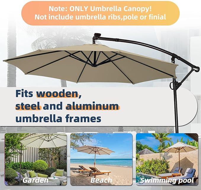 10ft Patio Umbrella Replacement Canopy for 8 ribs, Fits Hanging Offset Cantilever Market Outdoor Patio Shades，Canopy Only