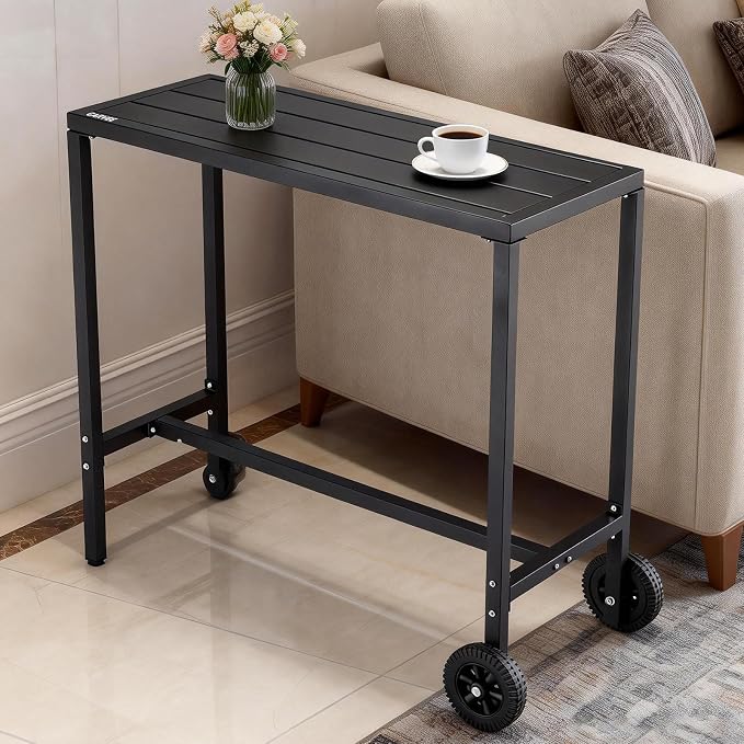 GarveeHome 39 Inch Outdoor Bar Table, Counter Height Table with Wheels & Adjustable Leveling Feet, Portable Black Bar Table for Kitchen, Patio, Balcony, Home Bar