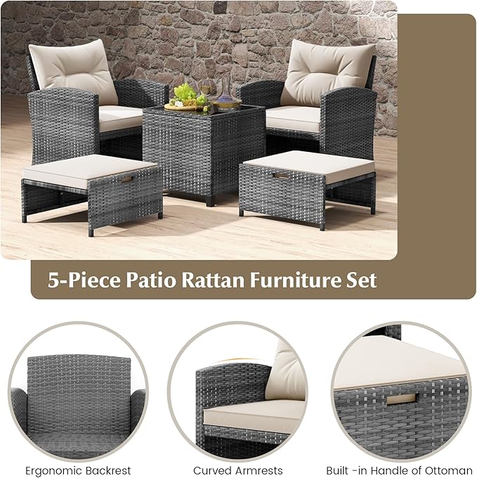 Tangkula 5 Pieces Patio Conversation Set, PE Wicker Rattan Outdoor Furniture Set with 2 Chairs, 2 Ottomans & Tempered Glass Coffee Table, Ideal for Poolside, Backyard, Lawn, Deck, Mix Grey & Off White