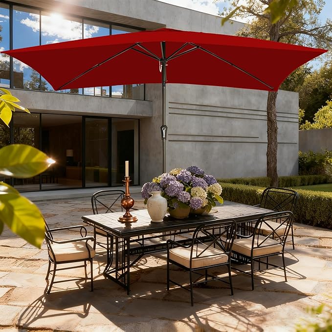 6.5x10FT Rectangular Patio Umbrella with Push Button Tilt & Crank Lift for Garden,UV Protection Outdoor Umbrella for Deck,Pool and Yard,Red